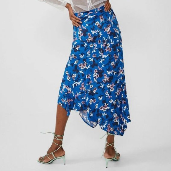 ZARA Cobalt Blue Pastel Pink Floral Handkerchief Asymmetrical Midi Modest Skirt - Picture 5 of 16